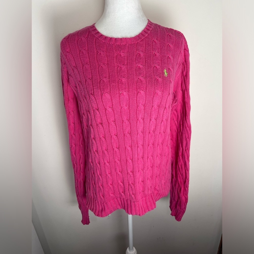 Ralph Lauren Womens Old Money Cable Knit Sweater Size L Pink Preppy Academia